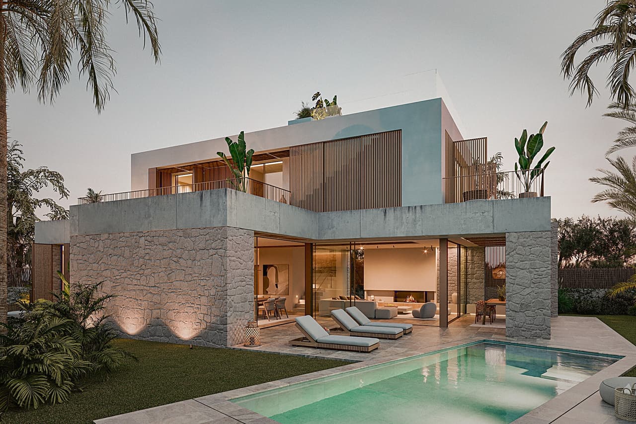 Villa mit Pool im Abendlicht
