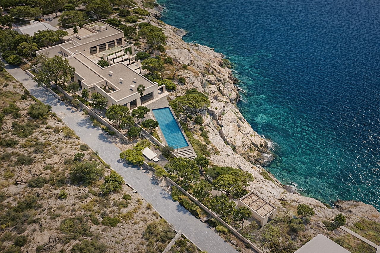 Luftaufnahme der Villa mit Infinity-Pool und Meerblick