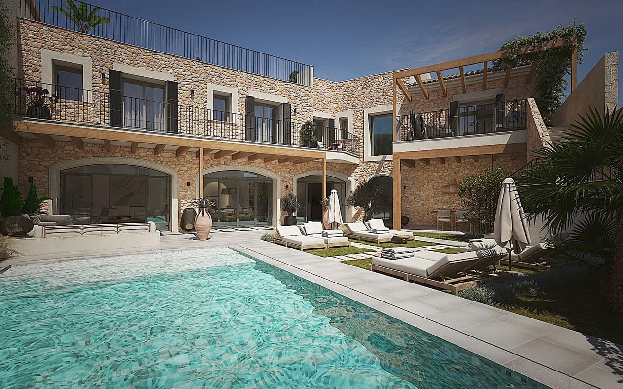 Pool-Innenhof mit Natursteinfassade, Holzpergola und Rundbogen