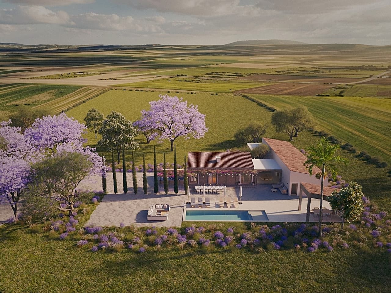 Luftaufnahme mit Pool und Jacaranda