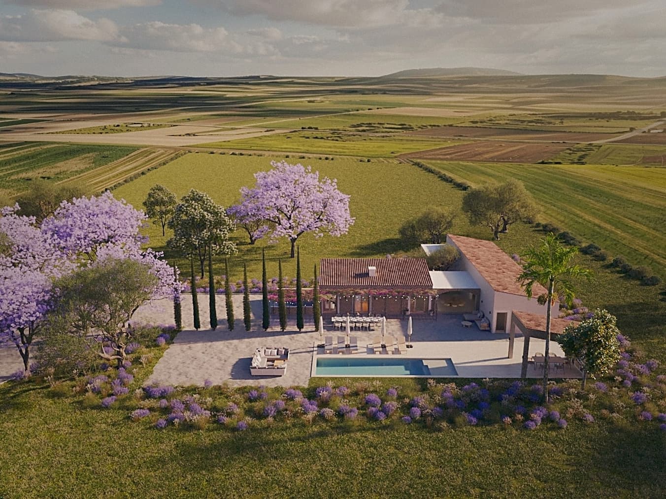 Luftaufnahme mit Pool und Jacaranda